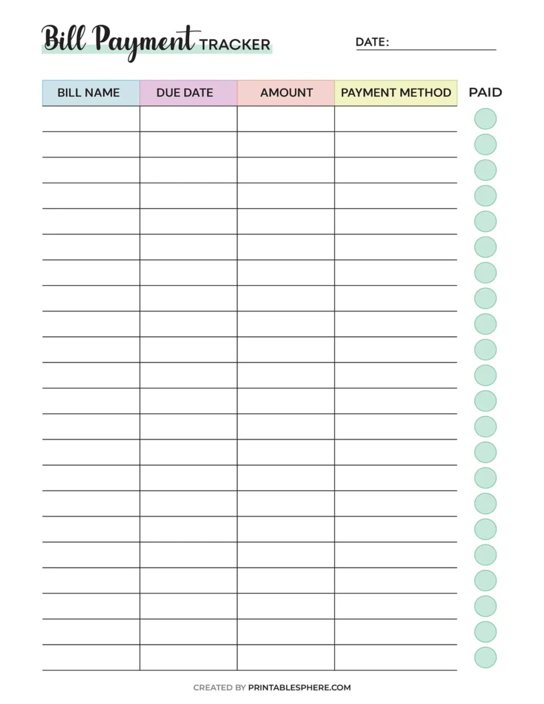 A bill tracker printable sheet with columns for bill name, due date, amount, payment method, and a "paid" checkbox. Layout is organized and colorful.