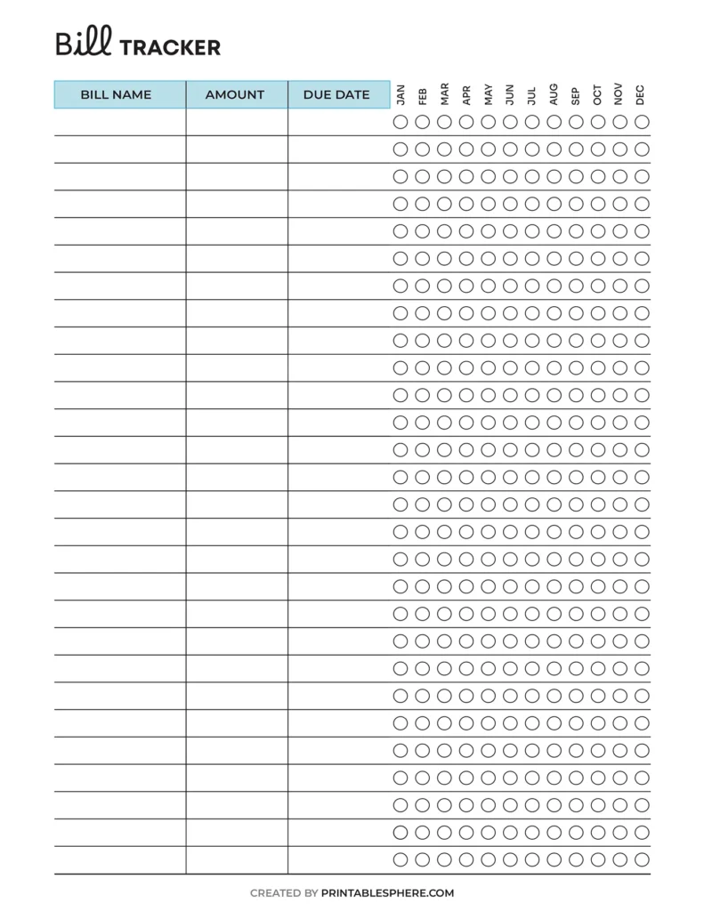 Bill tracker printable template with columns for bill name, amount, due date, and checkboxes for each month. Clean design with a focus on organization.