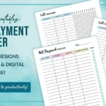 Free Bill Payment Tracker printables on a blue background, featuring three designs with columns for bill name, due date, amount, and payment method.