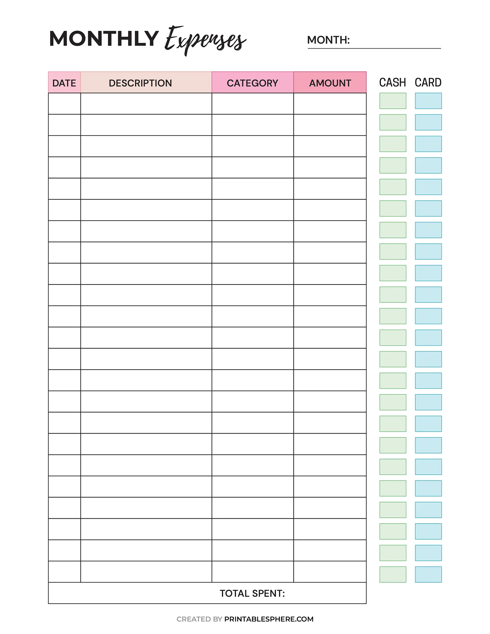 Monthly Expense Tracker Printable with columns for date, description, category, amount, and cash or card payment checkboxes.