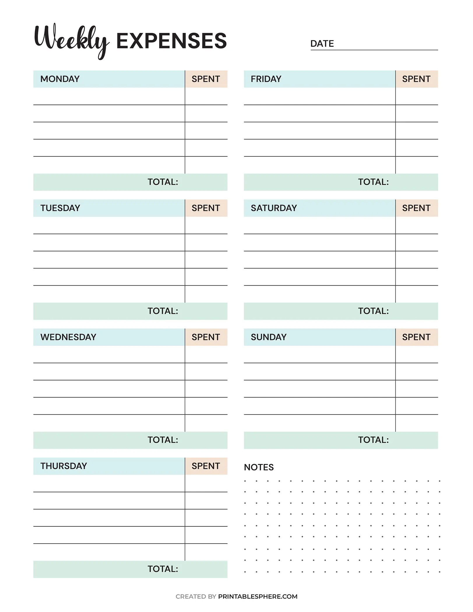 Weekly expenses tracker printable with sections for each day and corresponding spent amounts. Includes spaces for notes. Neat, organized, functional design.