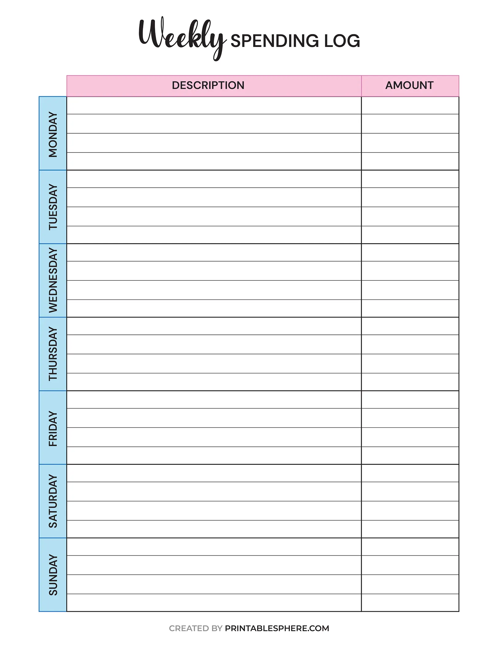 Weekly spending log printable template with a grid layout design. Left column lists days of the week; top row for description and amount.