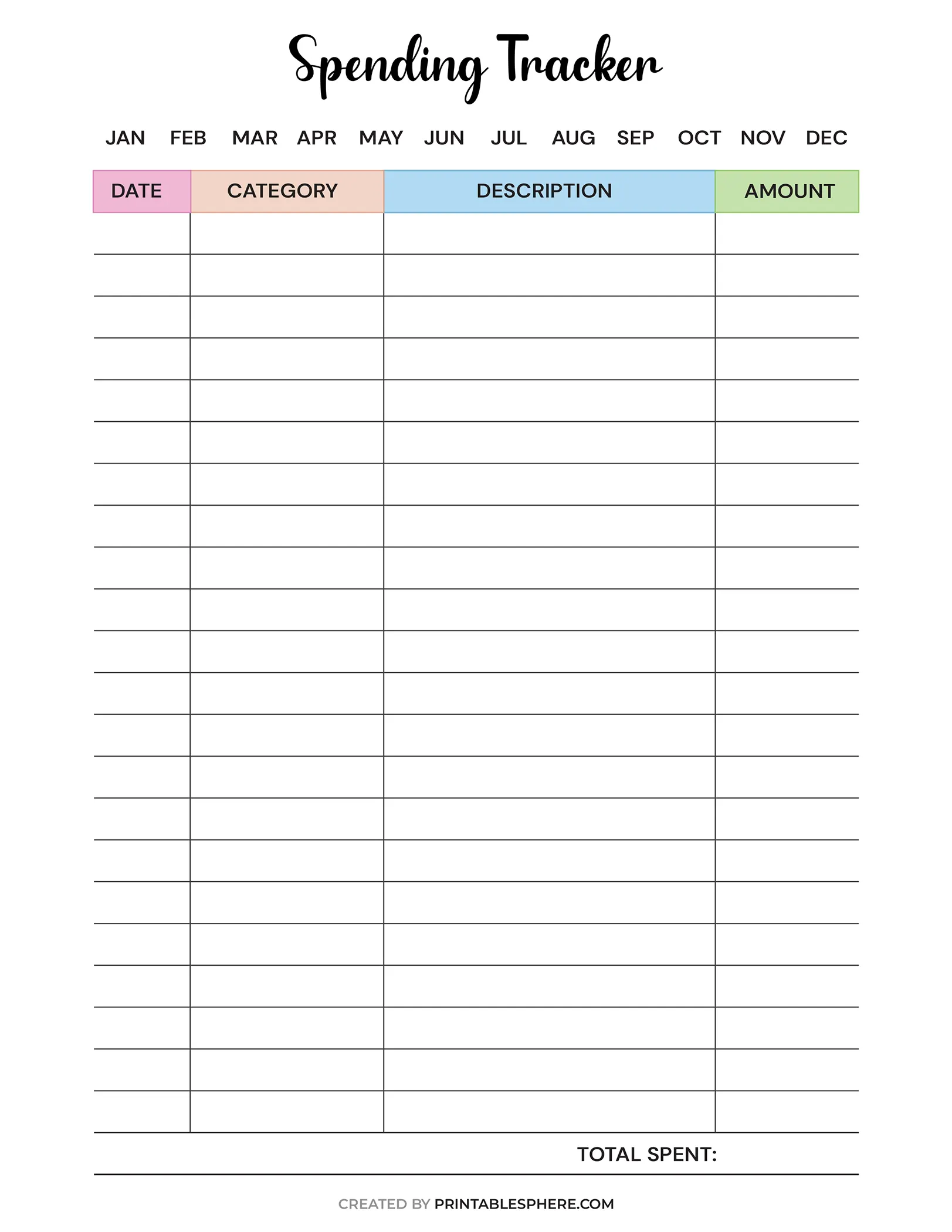 Colorful Spending Tracker printable with sections for date, category, description, and amount to track monthly spending.