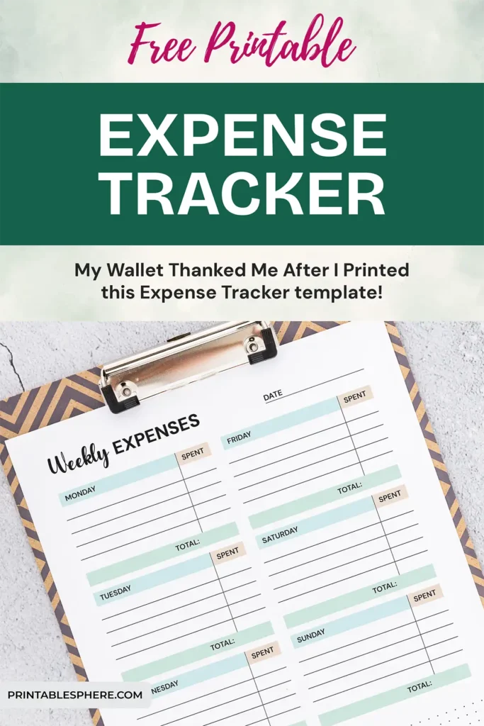 A "Free Expense Tracker" template with a chic zigzag clipboard. The design features sections for weekly expenses, promoting financial organization.