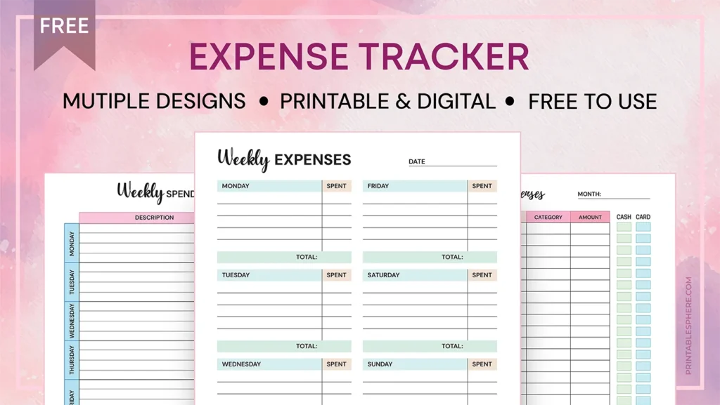 Free printable expense tracker template with multiple designs.