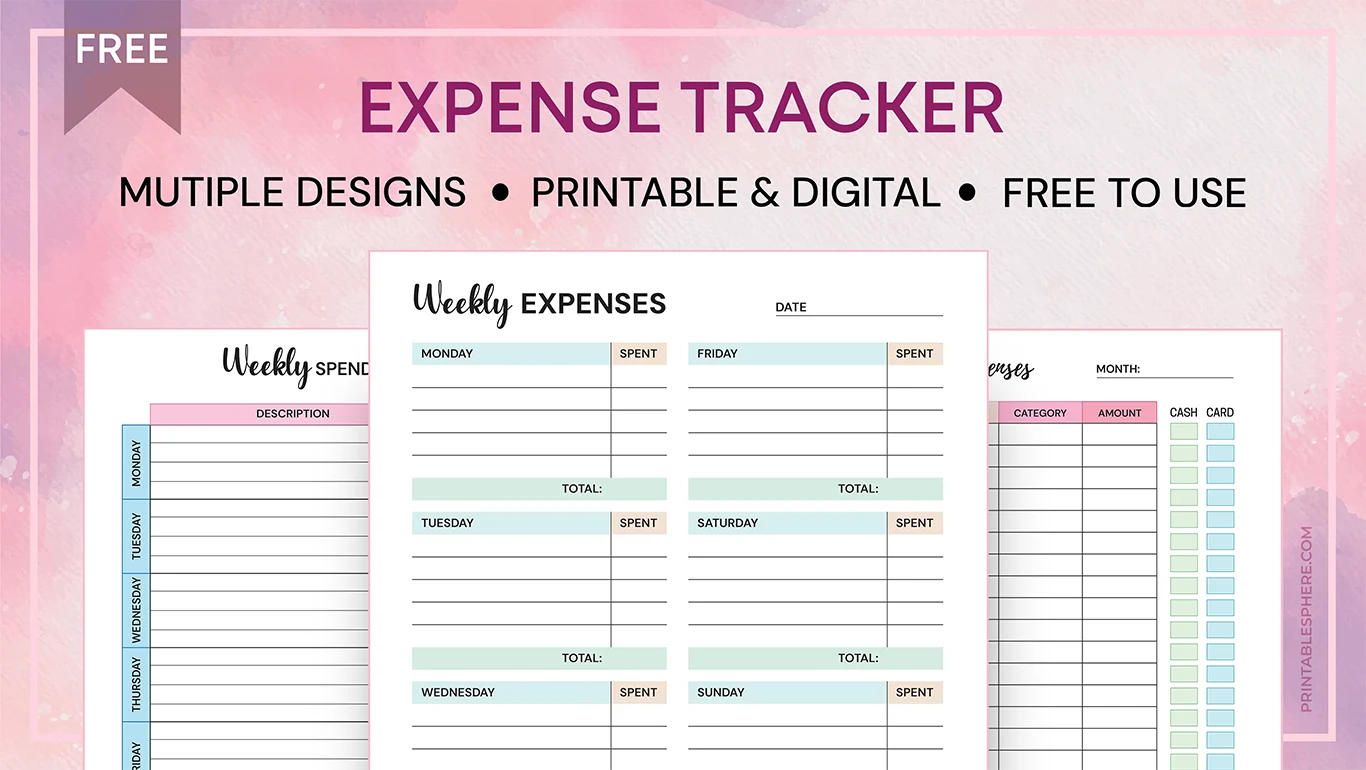 Free printable expense tracker template with multiple designs.