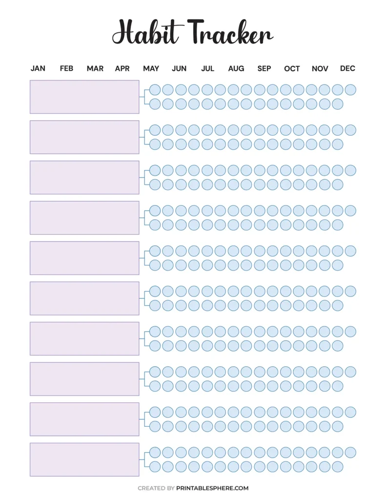 Colorful habit tracker chart featuring monthly columns with empty boxes for habit names and circular progress indicators for tracking.