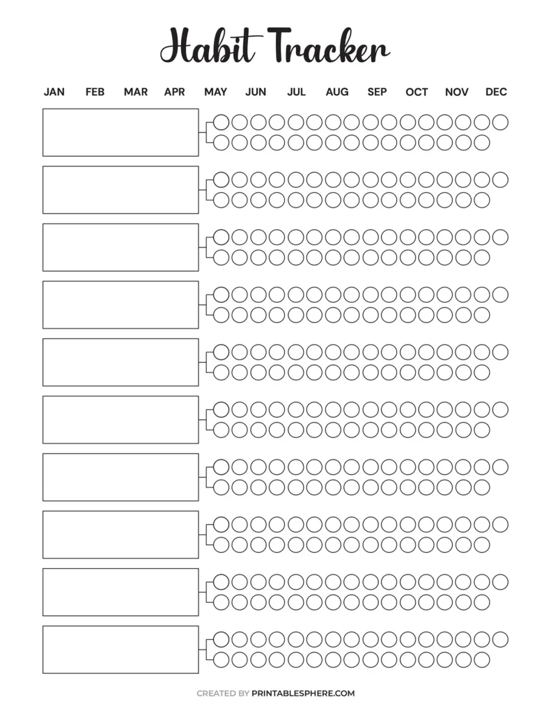 A blank habit tracker for a year with 12 rows for each month. Each row has a blank space for habit names and 31 circles for daily tracking.