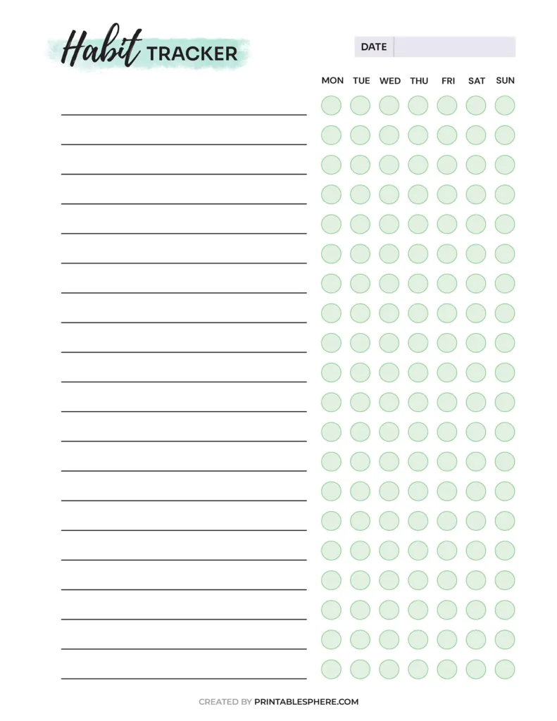 A habit tracker template with labeled days of the week, space for tasks, and circular checkboxes for tracking progress.