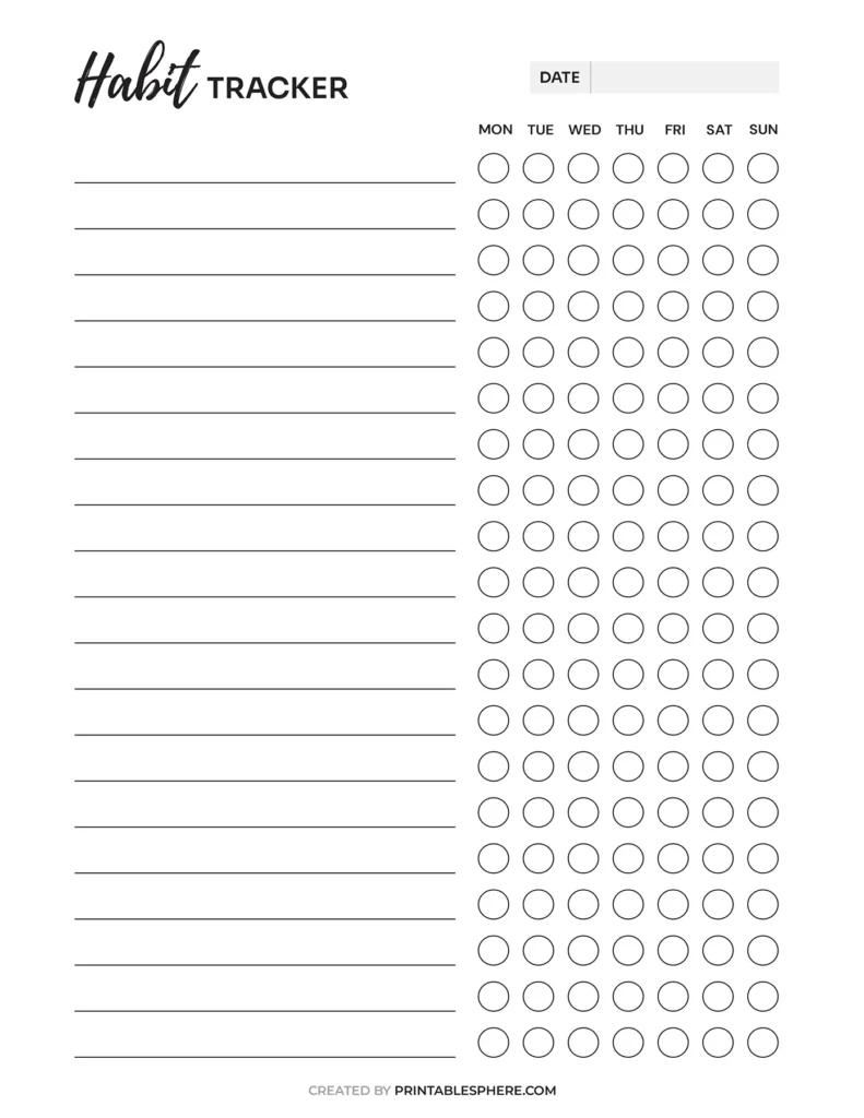 Blank habit tracker template with a column for listing habits on the left and a week's grid of circles on the right for tracking daily completion, Monday to Sunday.