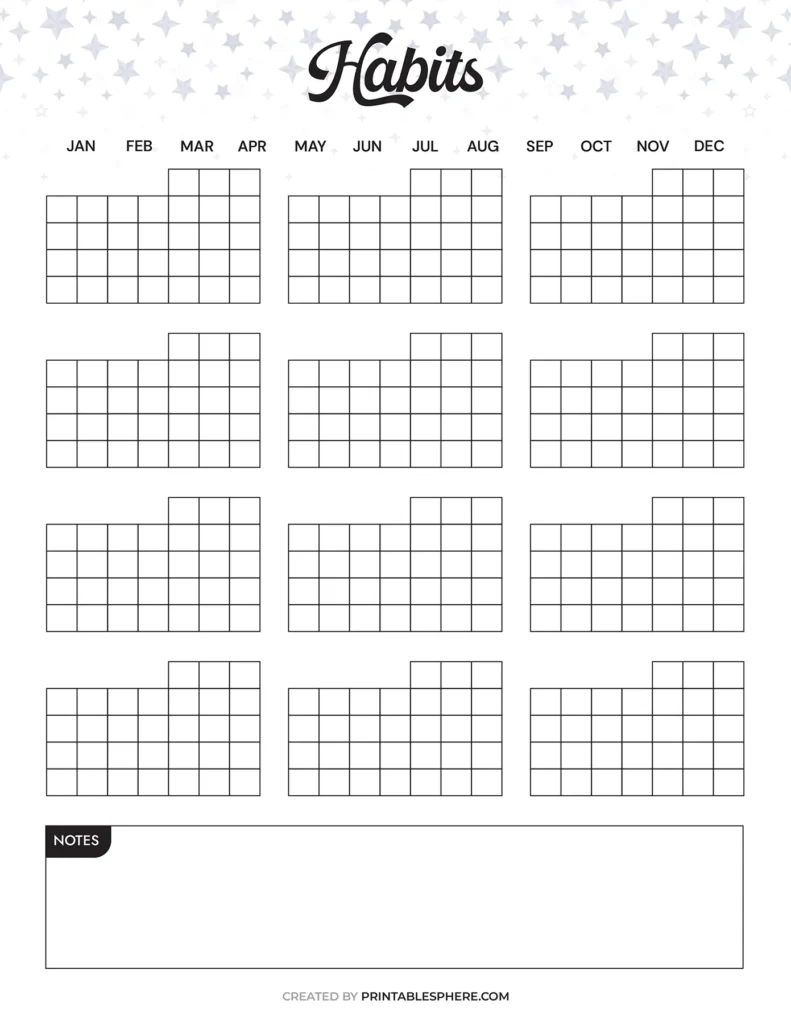 A printable habit tracker with twelve monthly grids, each labeled with the months of the year, and a notes section at the bottom. Background features small stars pattern.