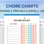 Image of colorful chore charts with a blue header that reads 'Chore Charts.' Features include daily chores sections and weekly checkboxes, with a playful and organized design.