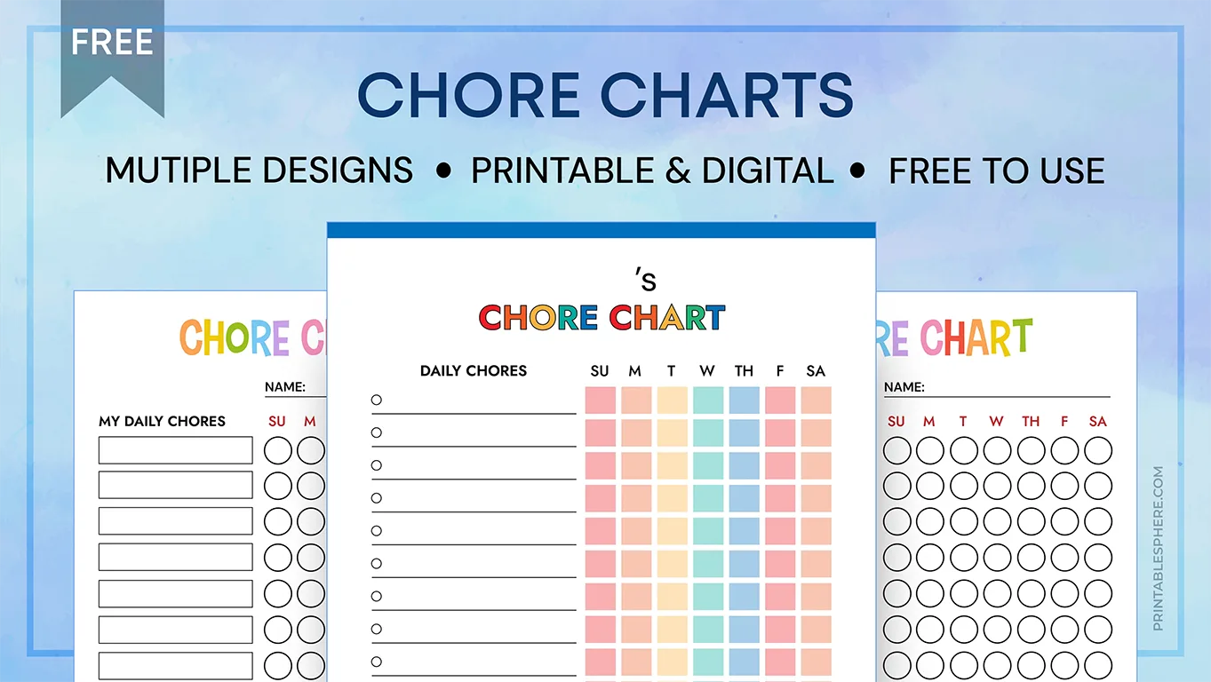 Image of colorful chore charts with a blue header that reads 'Chore Charts.' Features include daily chores sections and weekly checkboxes, with a playful and organized design.
