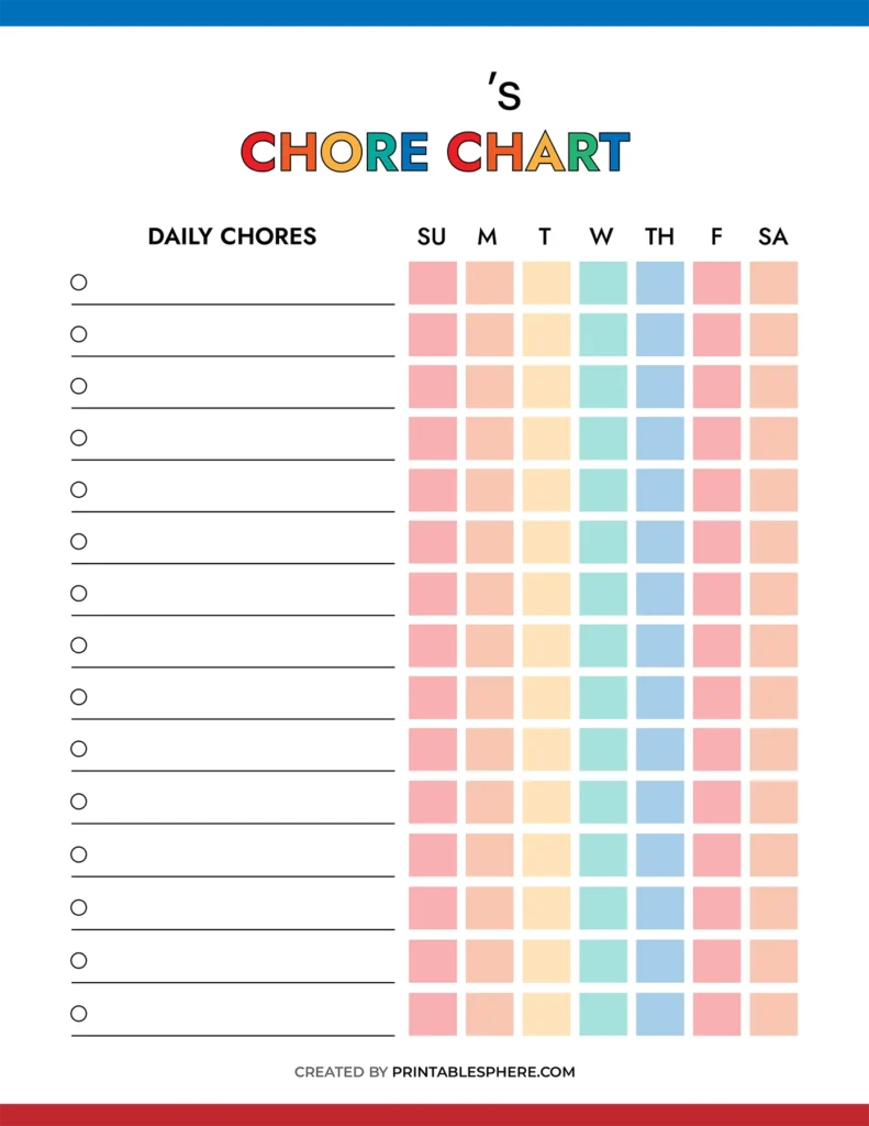 Colorful chore chart template with empty spaces for daily tasks on the left and days of the week, Sunday to Saturday, at the top. Each day has colored squares.