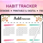 Colorful habit tracker designs displayed on digital and printable sheets, featuring a soft pastel pink background.