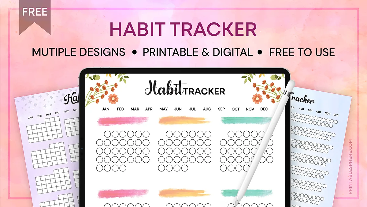 Colorful habit tracker designs displayed on digital and printable sheets, featuring a soft pastel pink background.