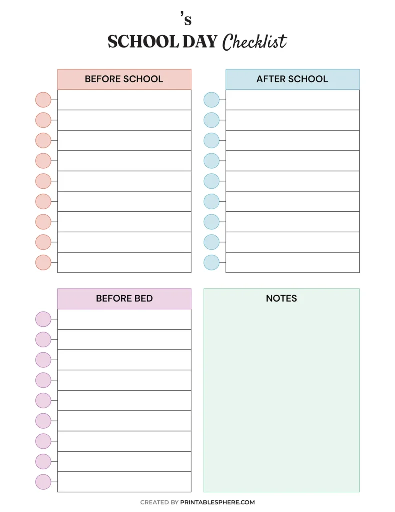 School day checklist with four sections: Before School, After School, Before Bed, and Notes. Each list has empty slots for tasks. Multicolored headers.