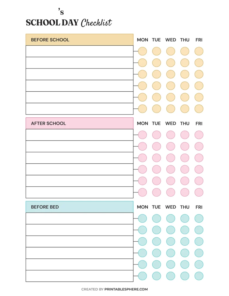 Printable school day checklist template divided into sections: Before School, After School, and Before Bed. Each has rows with empty circles for weekdays.