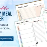 A weekly meal planner template with three colorful planner designs on a blue watercolor background. Text announces free printables and digital options with multiple designs.