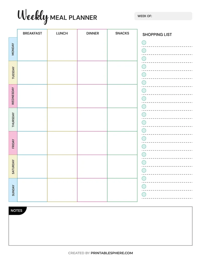 Weekly meal planner grid with columns for breakfast, lunch, dinner, and snacks, divided by day. Right side features a shopping list with checkboxes.