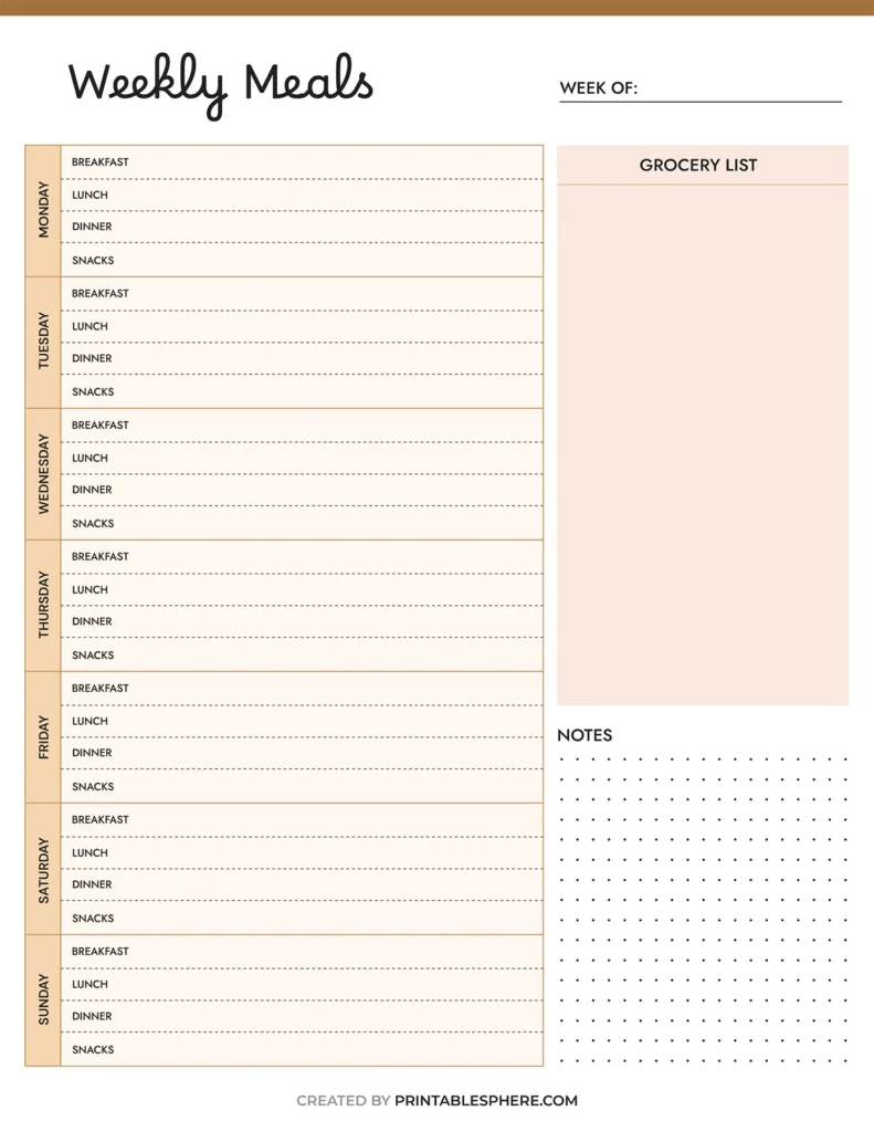 Weekly meal planner template with sections for each day, listing breakfast, lunch, dinner, and snacks. Includes space for a grocery list and notes.