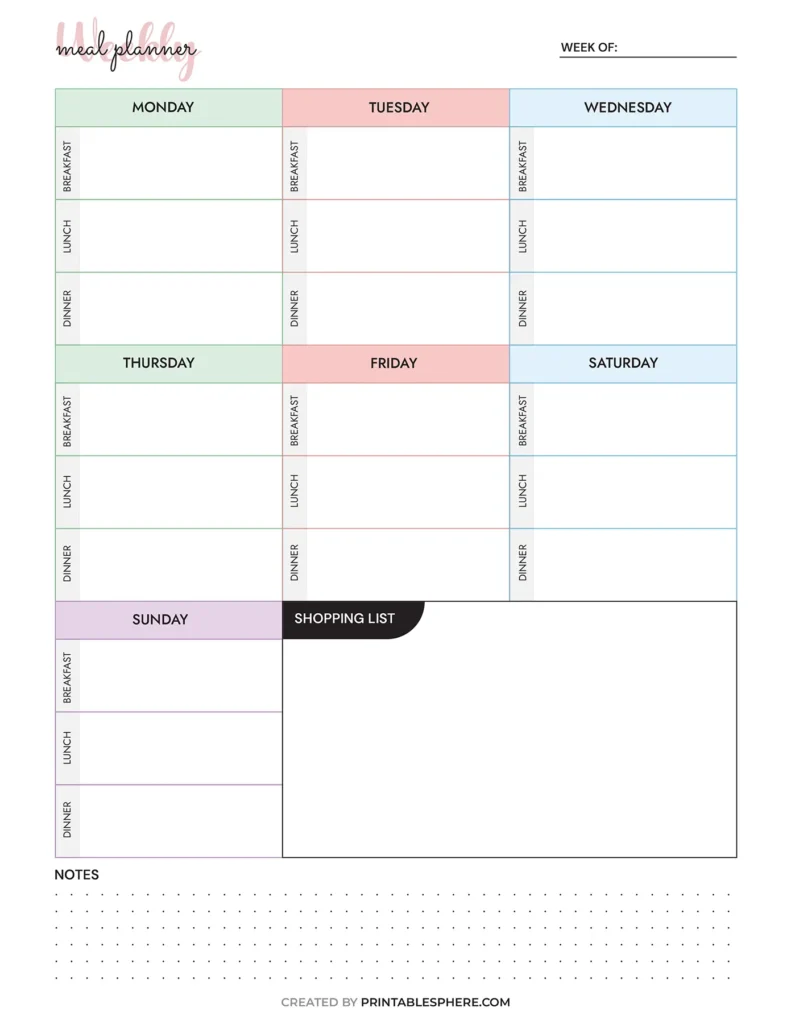 A meal planner template with sections for each day, labeled breakfast, lunch, and dinner. Adjacent shopping list and notes area at the bottom.