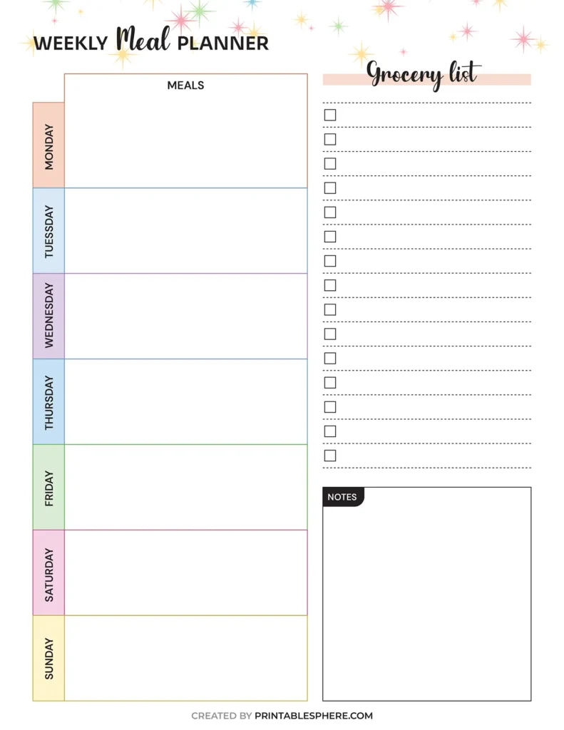 A printable weekly meal planner template featuring sections for meals and a shopping list, with colorful headers for each day.