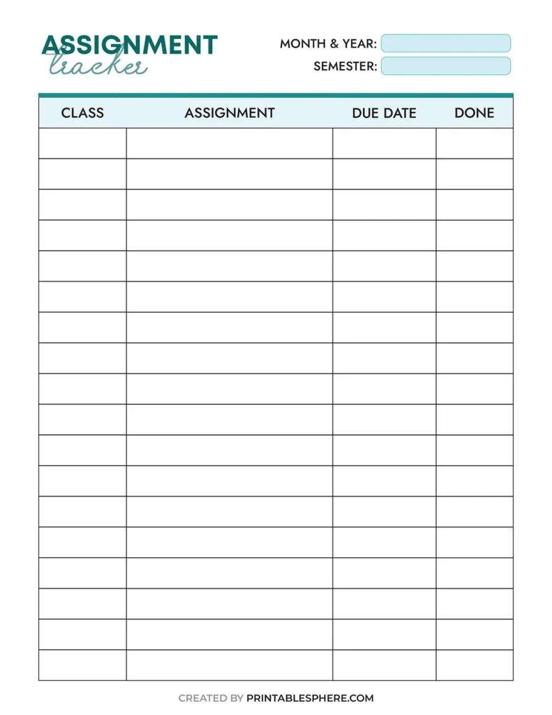 Printable assignment tracker template with teal accents and clean layout, featuring class, assignment, due date, and done columns