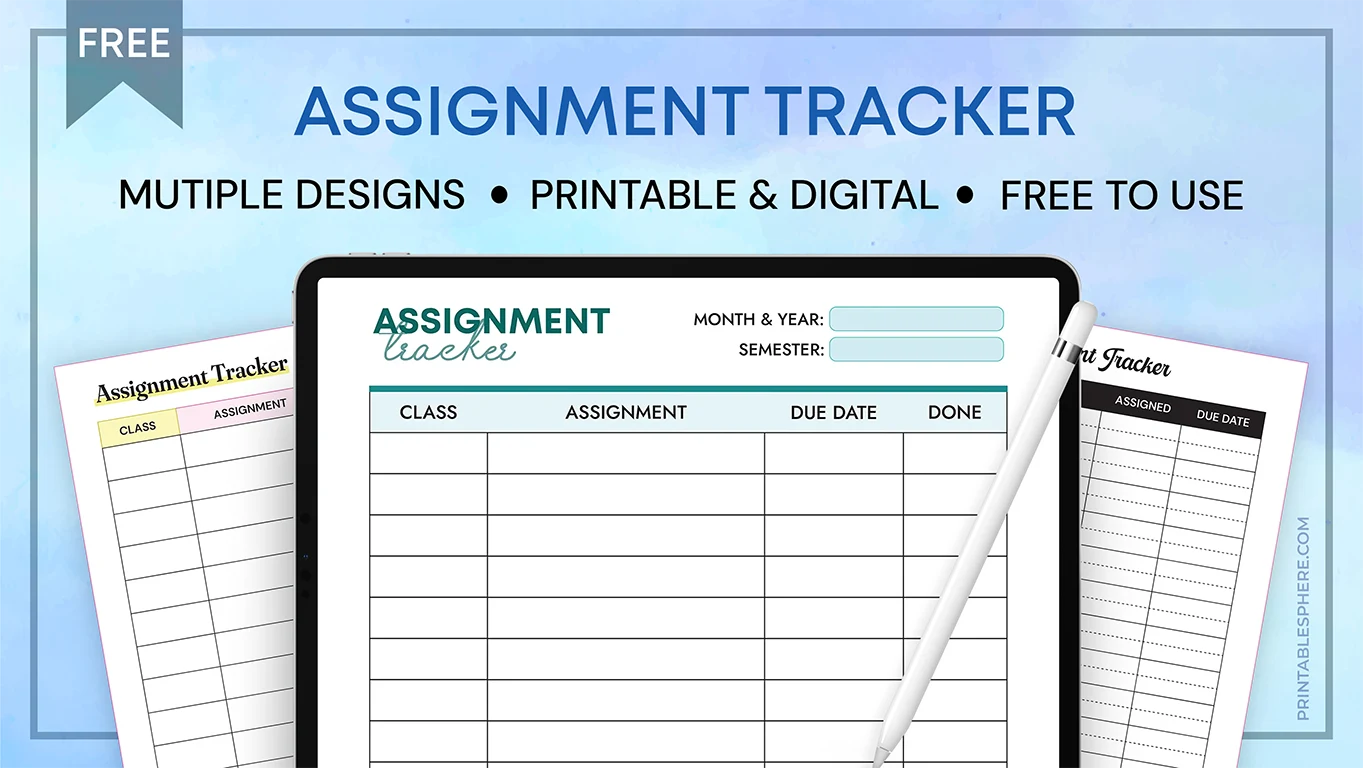 Free printable assignment tracker templates with multiple colorful designs