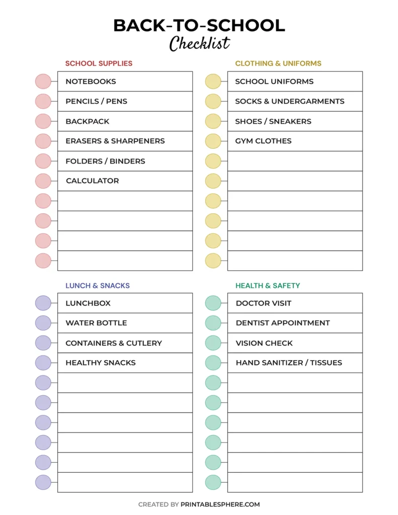 Printable back-to-school checklist colorful template covering supplies, uniforms, snacks, and health essentials