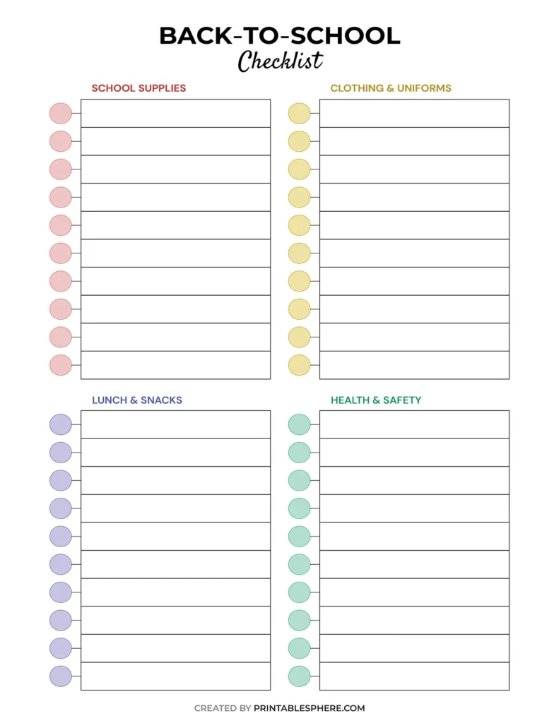 Colorful back-to-school checklist template covering supplies, uniforms, snacks, and health essentials