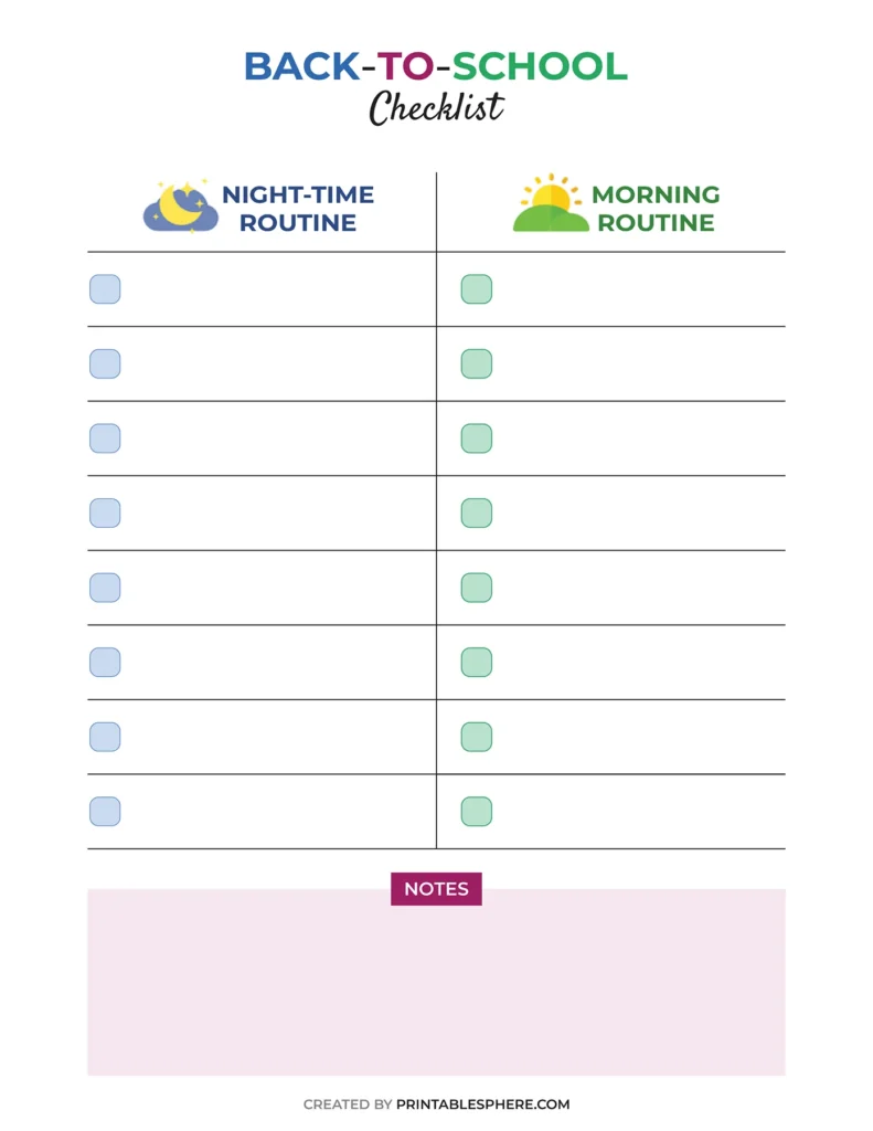 Free printable back-to-school checklist with sections for night-time and morning routines, designed in a clean layout