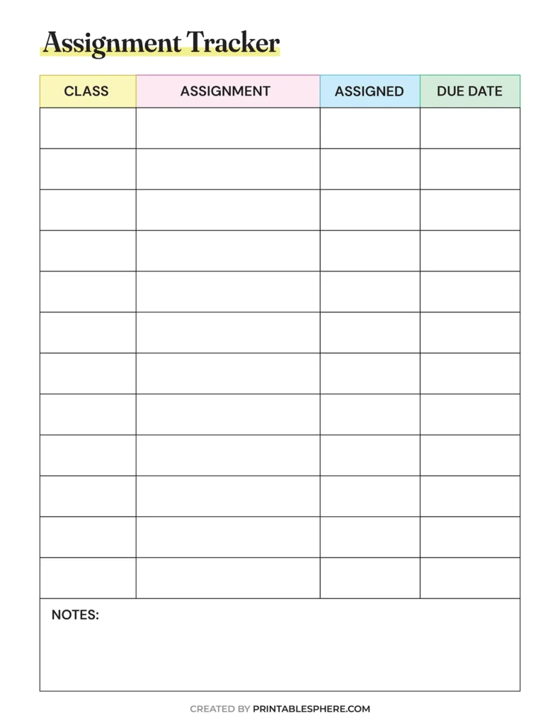 Bright assignment tracker with pastel-colored headers and a notes section, ideal for organizing class assignments and deadlines