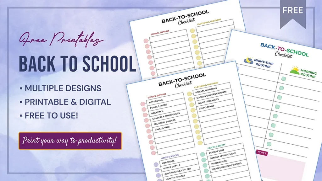 Free printable back-to-school checklist templates with colorful multiple designs