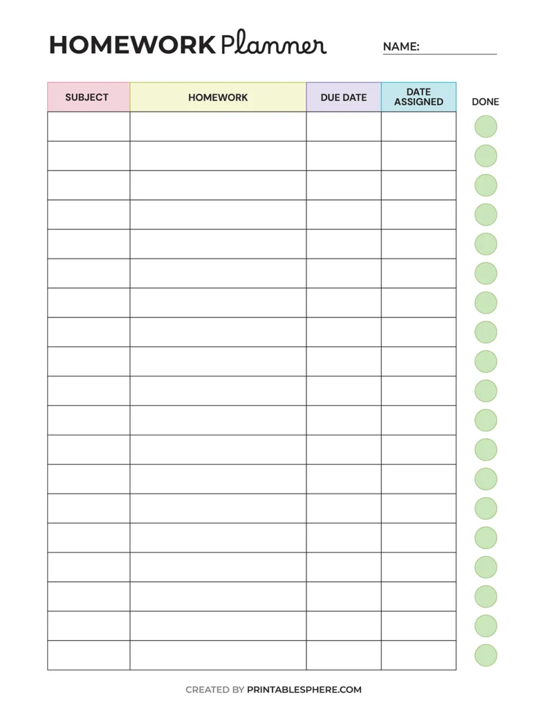 Homework planner template with columns for subject, homework, due date, date assigned, and a done checkbox. Simple, organized design.