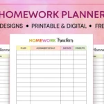 Free printable homework planner templates with multiple colorful designs.