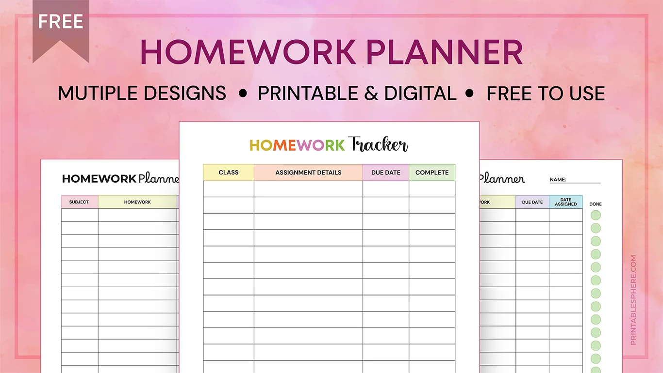 Free printable homework planner templates with multiple colorful designs.