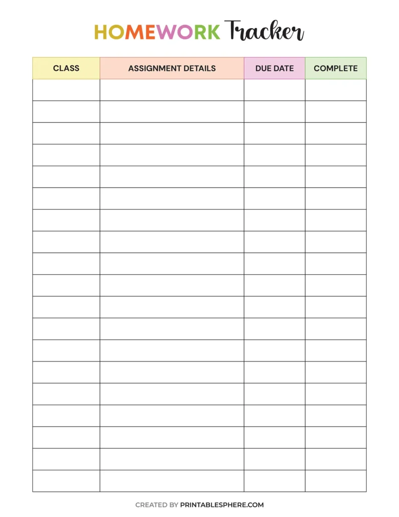 Colorful printable homework planner template; rows for class, assignment details, due date, and completion. Bright, organized, and inviting for academic planning.