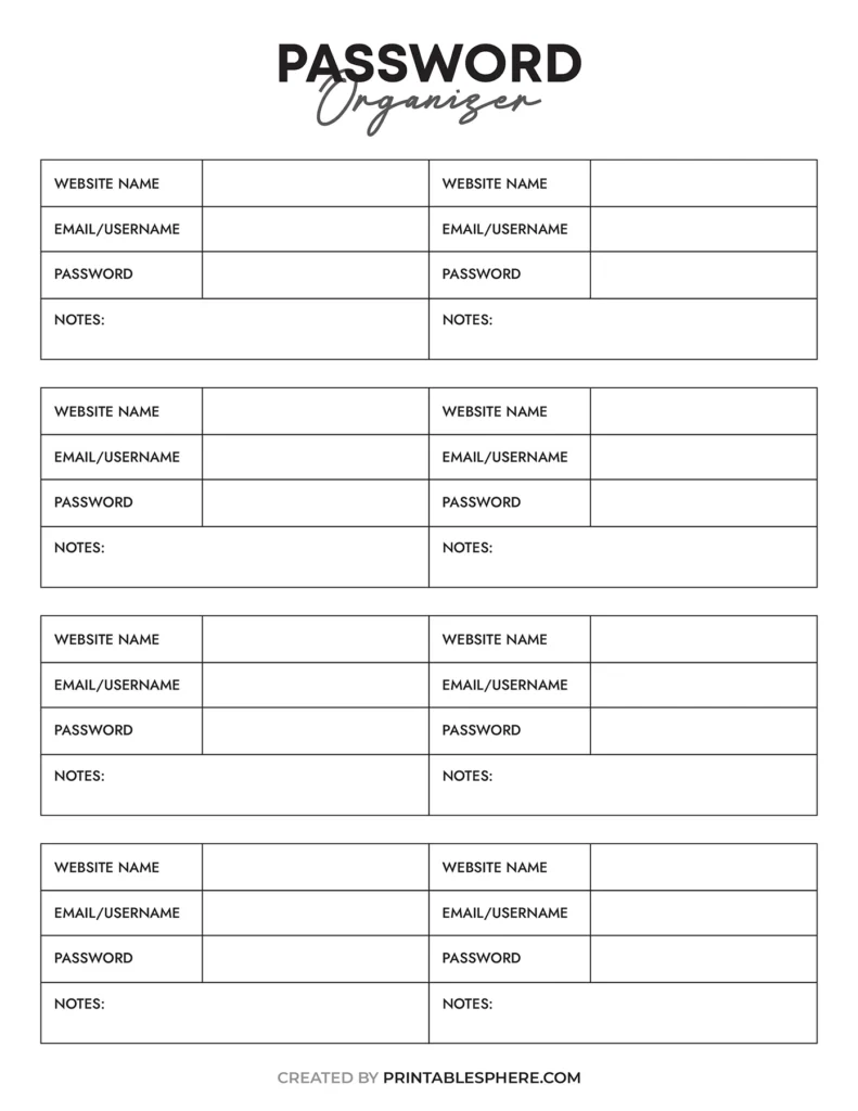Minimalist black and white password organizer printable with space for login details and notes