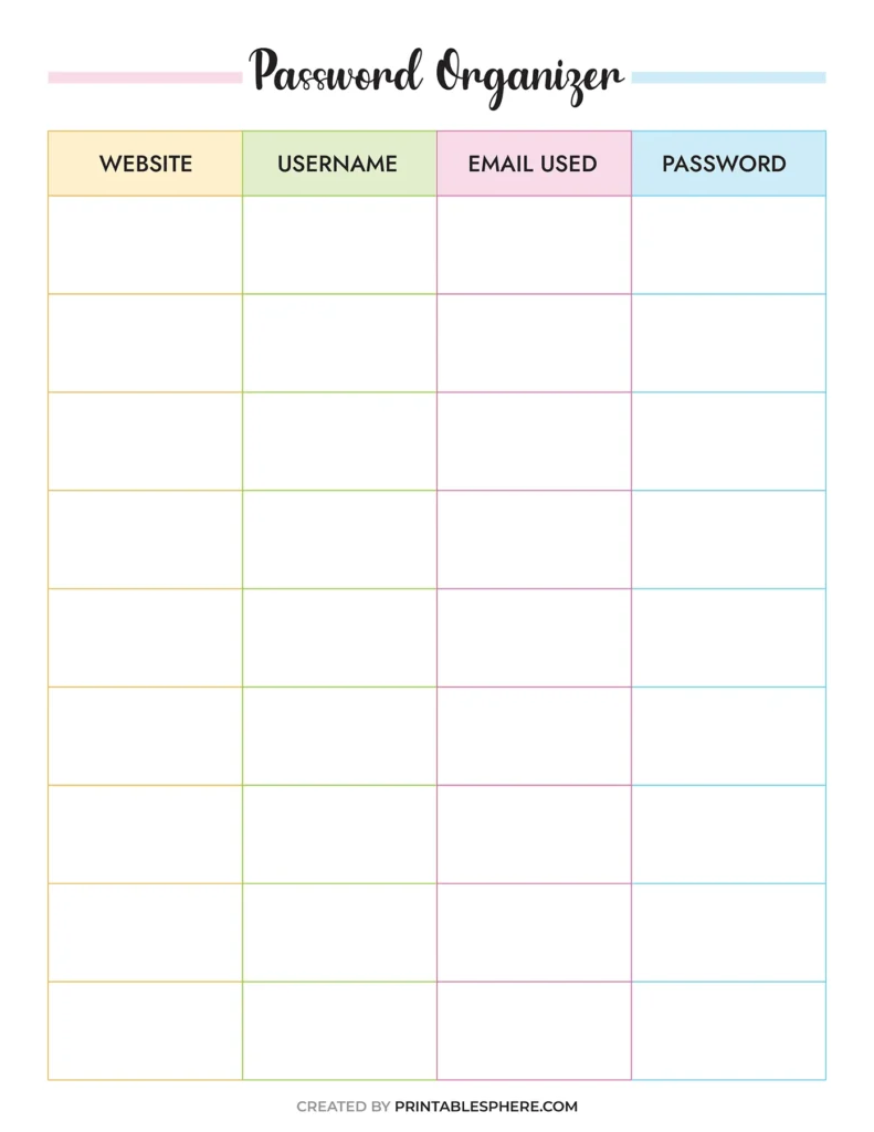 Color-coded password organizer printable with columns for website, username, email, and password