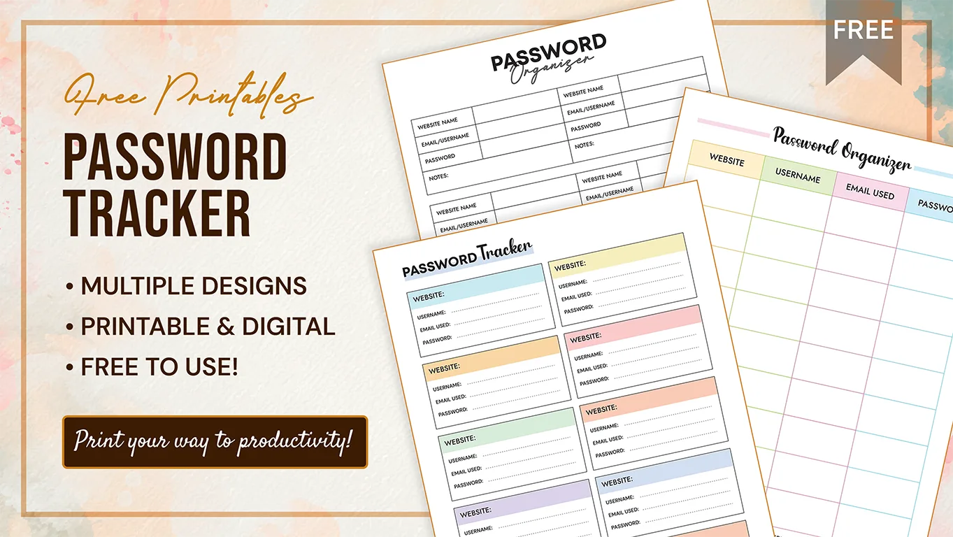 Free password tracker printable templates with colorful designs.