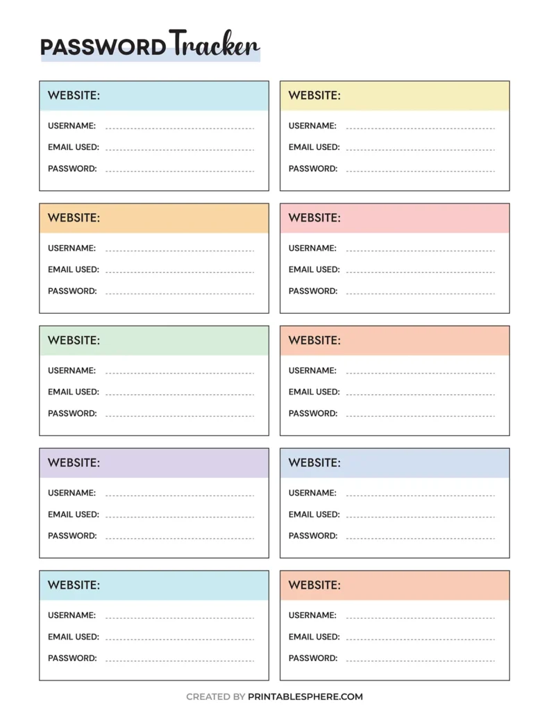 Password tracker printable template with separate colorful boxes for each login detail